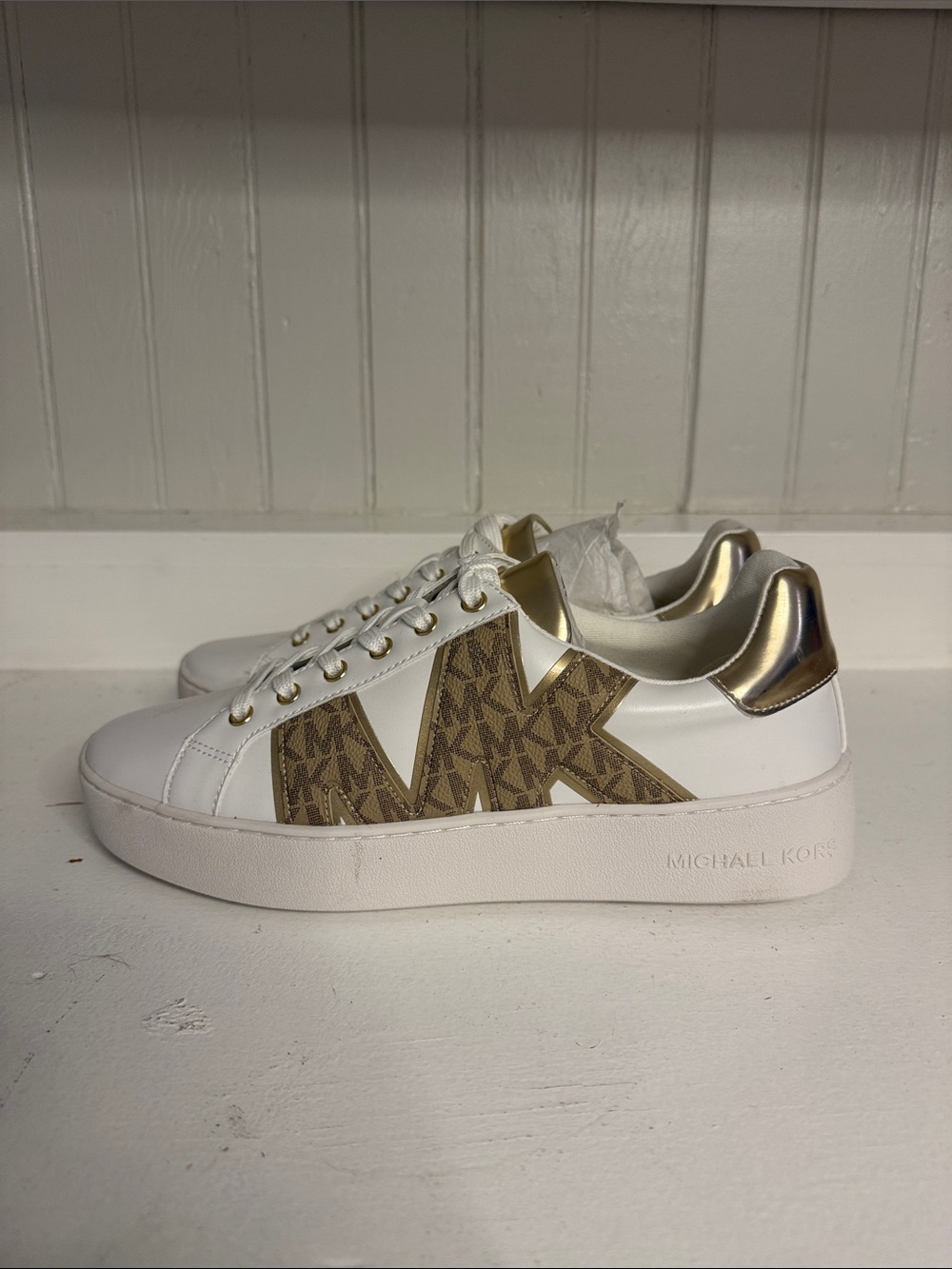 Michael Kors women’s White Leather Sneakers with Brown MK Logo and Gold Heel